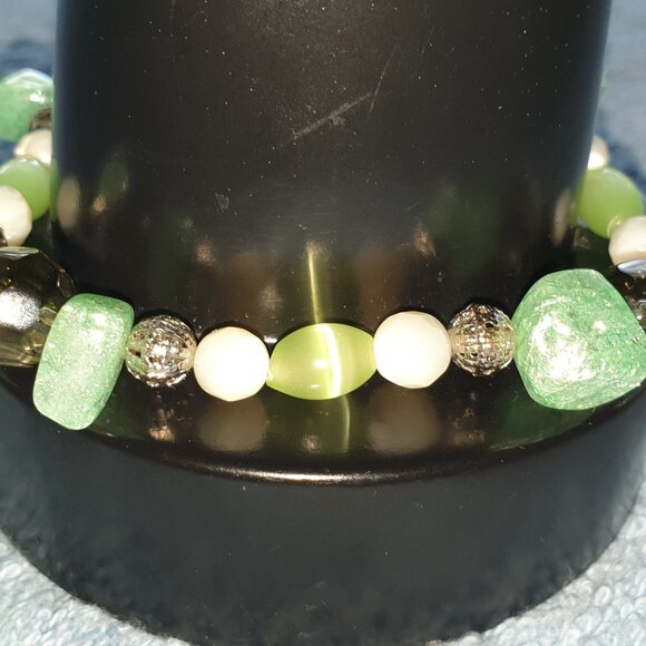 Pretty Hand Made Natural Serpentine Aventurine Fluorite Silver Beaded Bracelet - Picture 9 of 9